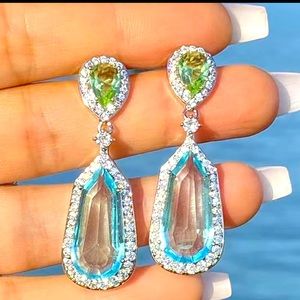 925 Sterling Silver Plated Luxury Blue Sapphire Dangle Drop Earrings